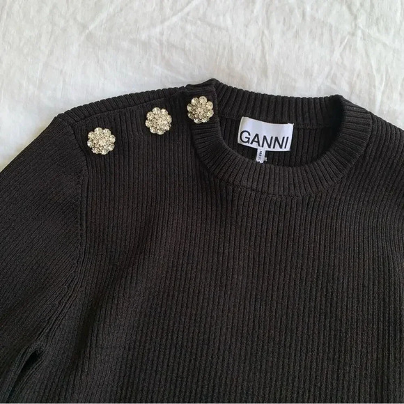 Ganni Crystal Rhinestone Shoulder Ribbed Sweater Pullover Top Brown - Picture 2 of 6